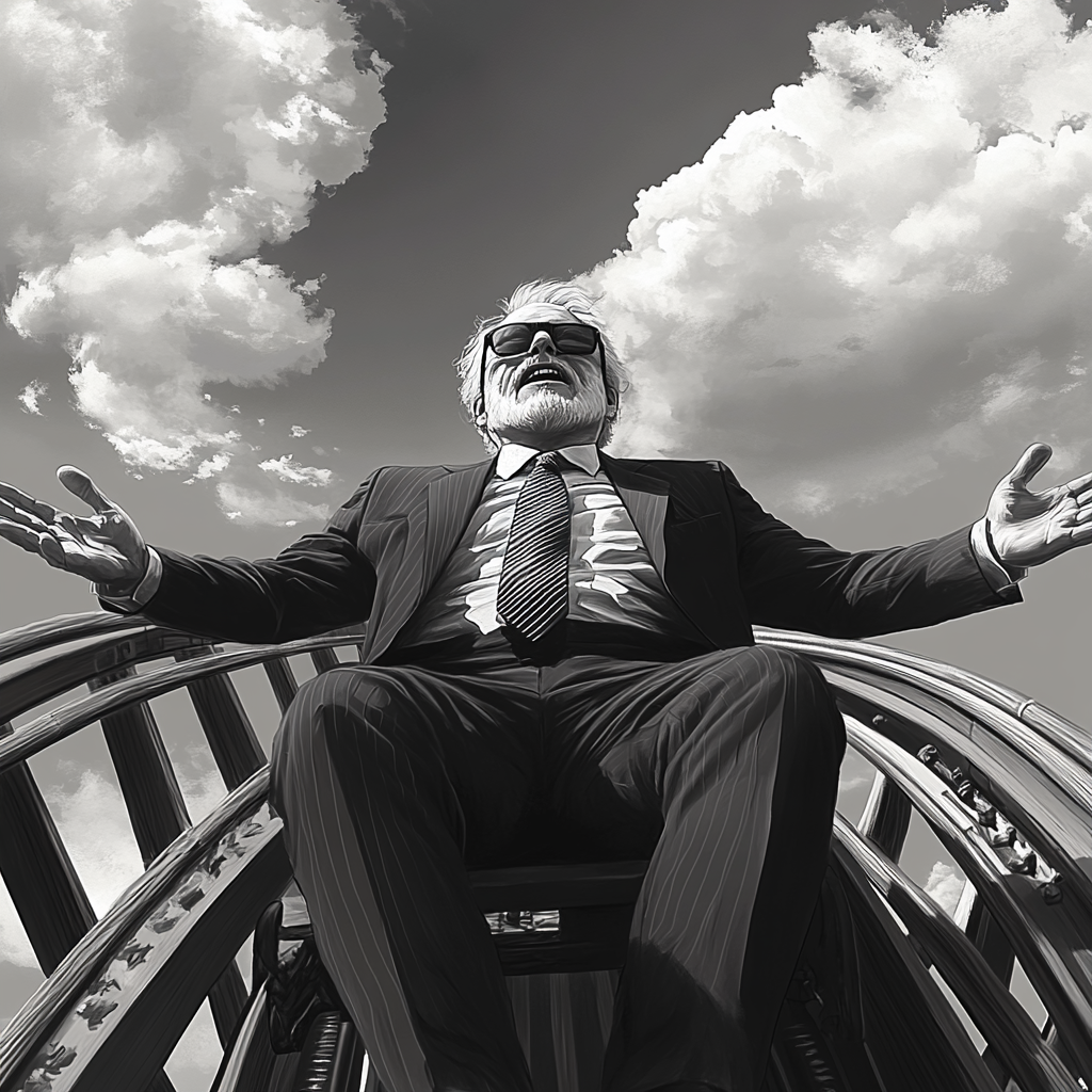 Fearful rollercoaster ride of blindfolded businessman in grey