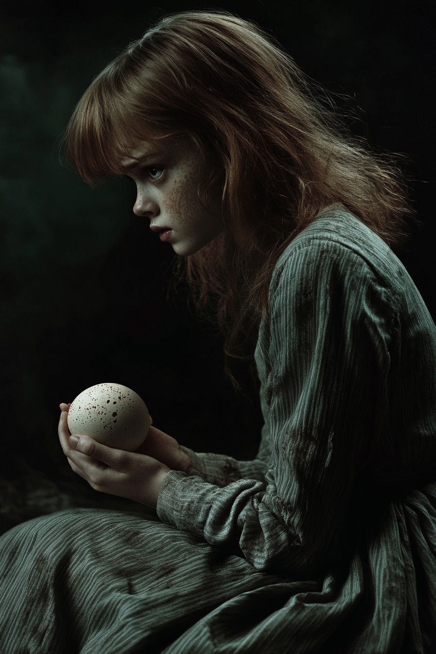 Fearful teenage girl holding cracking egg in dark atmosphere.