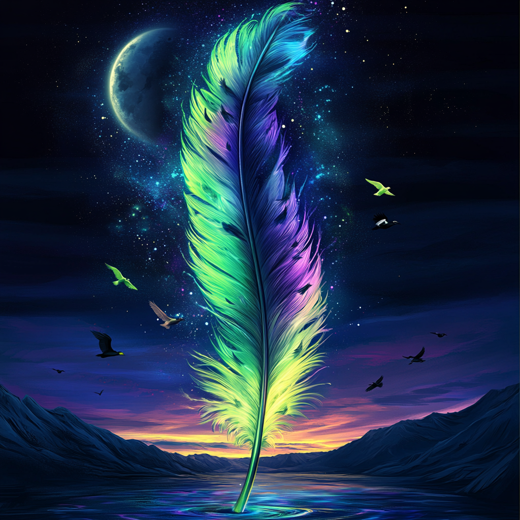 Feather with aurora borealis, moon, birds.