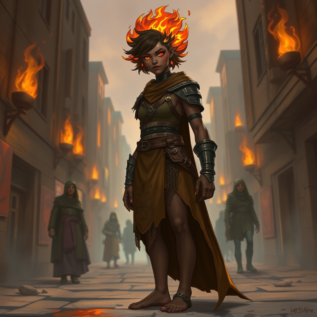 Female Fire Genasi Druid in City