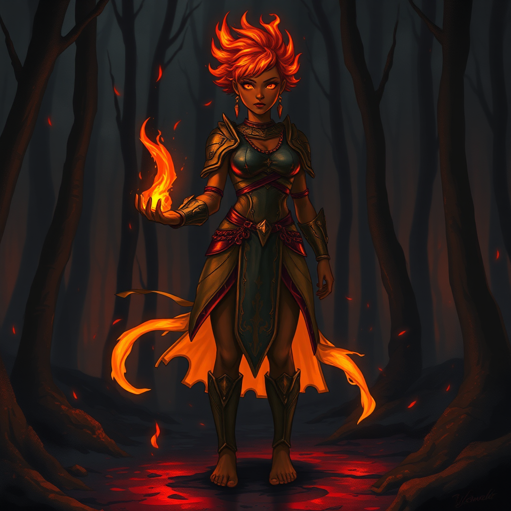 Female Fire Genasi in Medium Armor Holding Flame