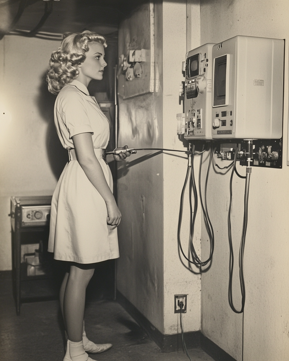 Female Nurse Commander with Field Telephone in Hospital Interrogation Room