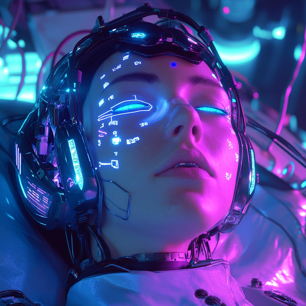 Female cyborg connected with futuristic cabled, blue lights, sleeping pod.