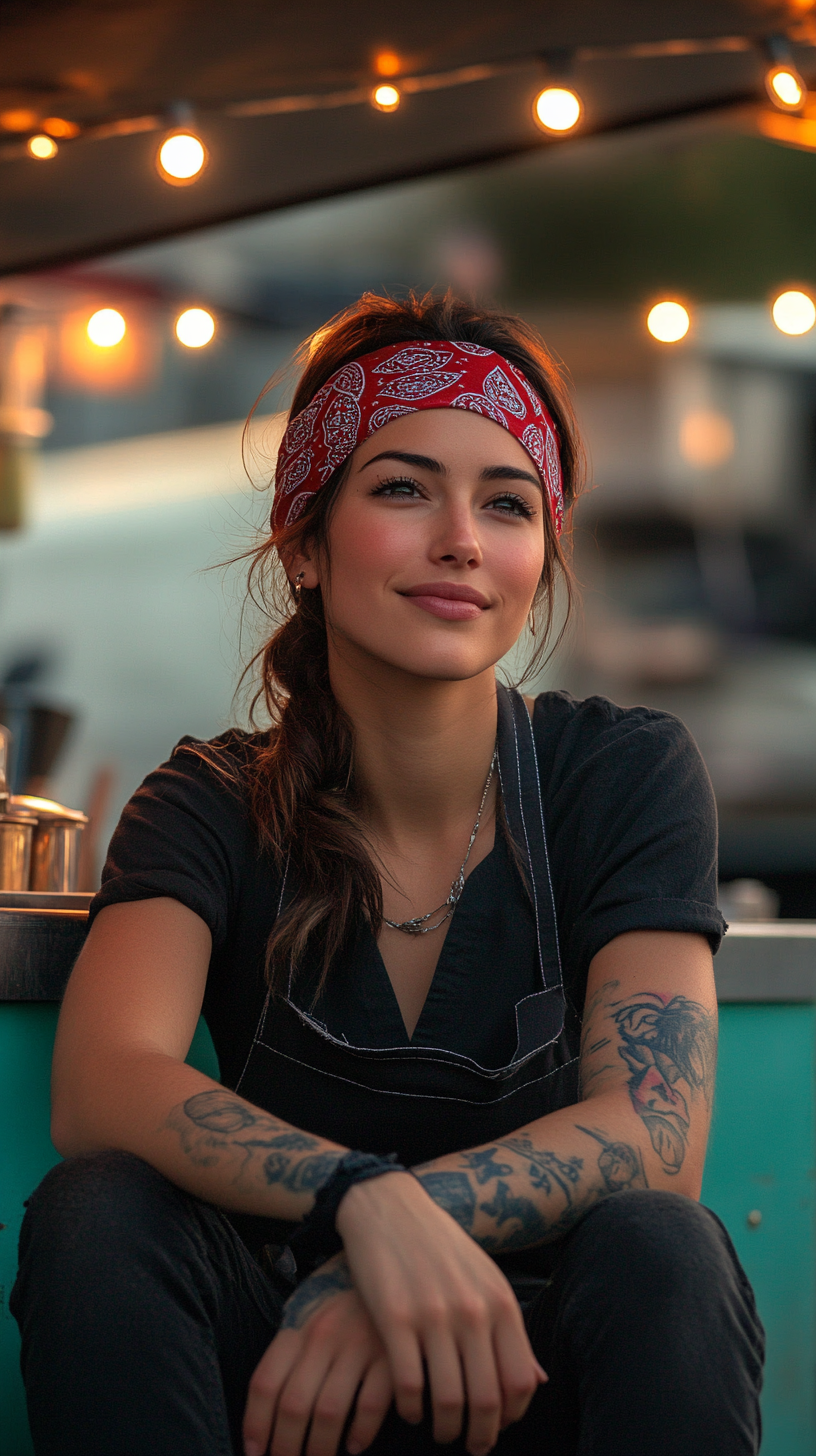 Female food truck owner counts earnings at sunset