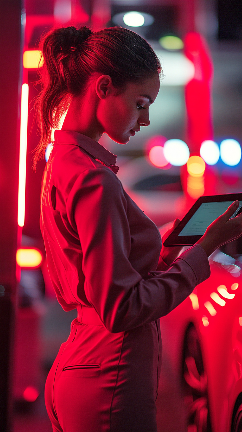 Female mechanic fixing Tesla in brightly lit shop