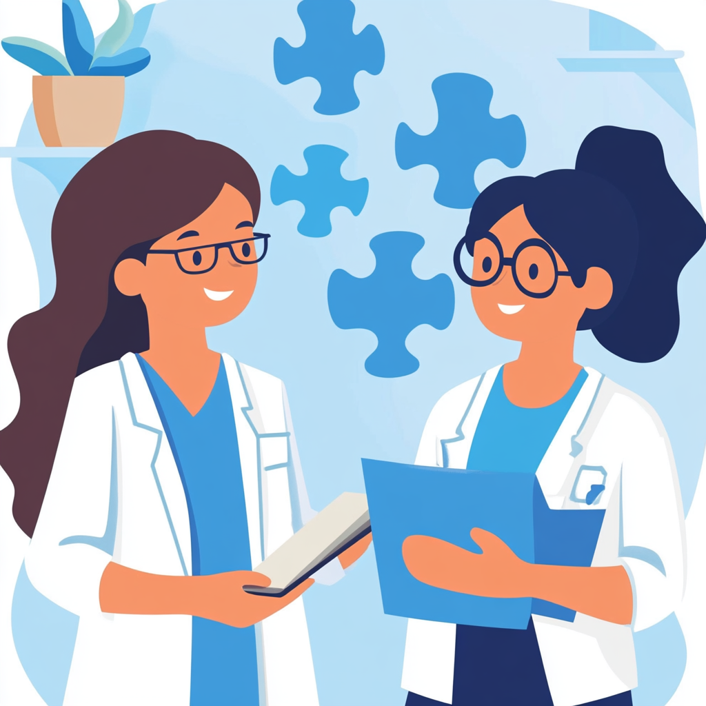 Female psychologist, woman, glasses, smiling, notebook, office, vivid, lifelike, blue puzzle pieces.