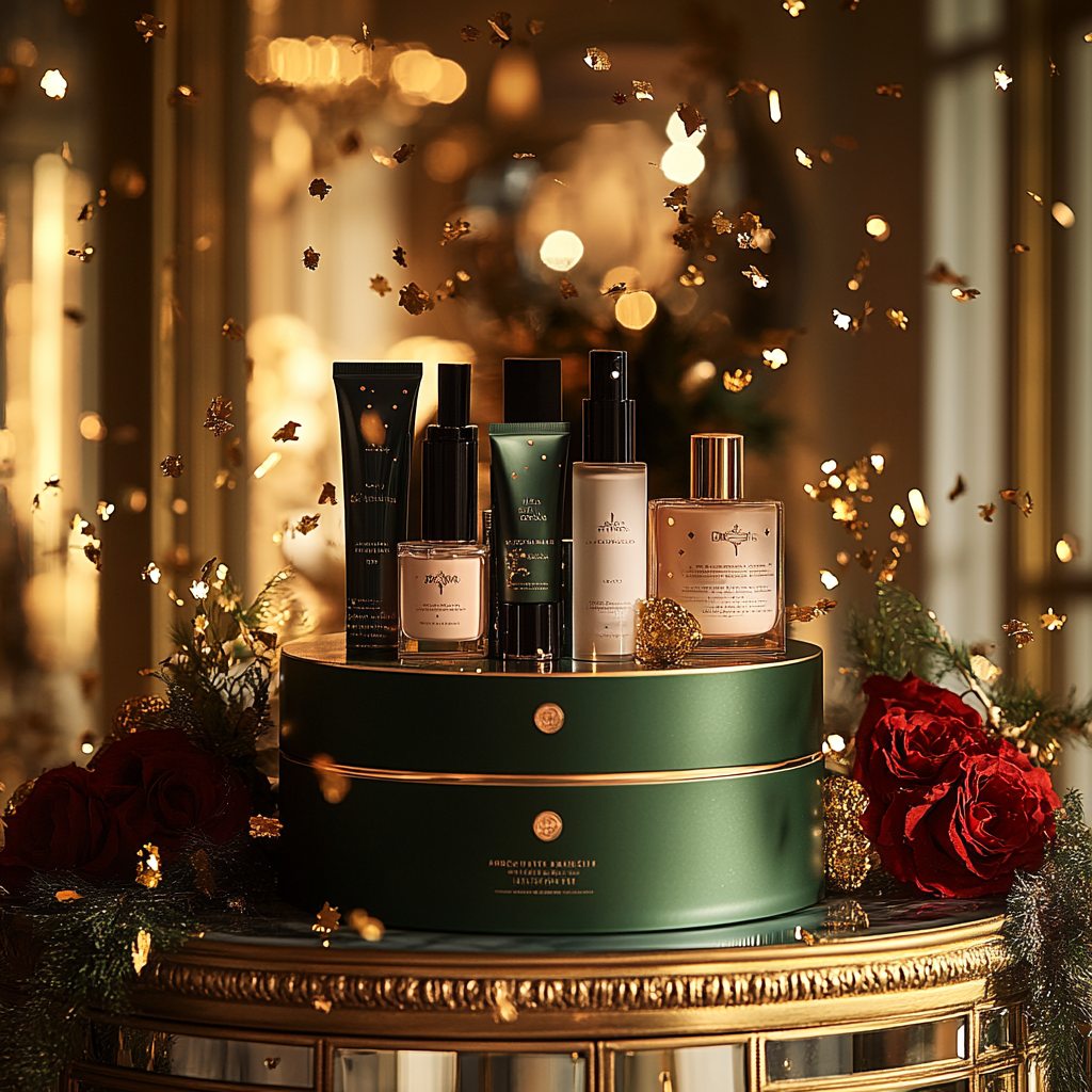 Festive Beauty Products Display in Ornate Gold Room