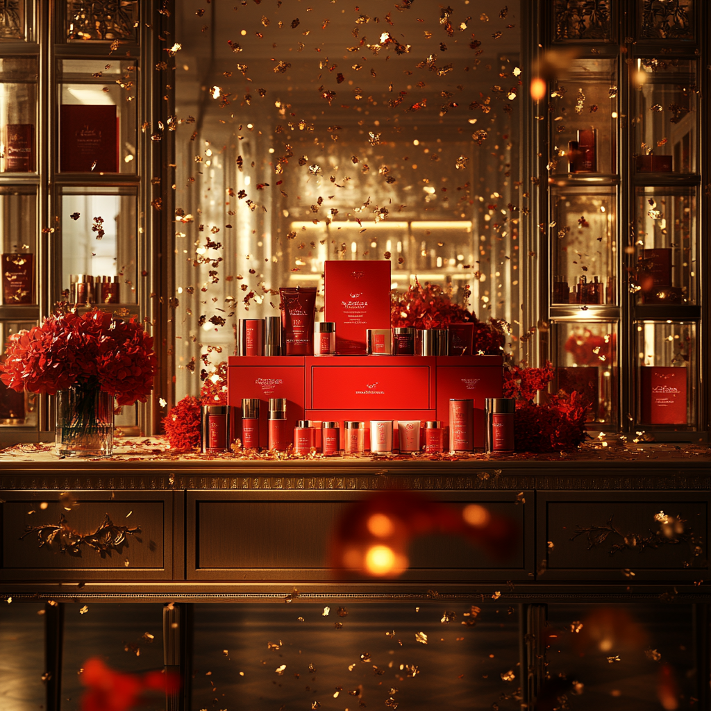 Festive Beauty Products Showcase in Ornate Gold Room