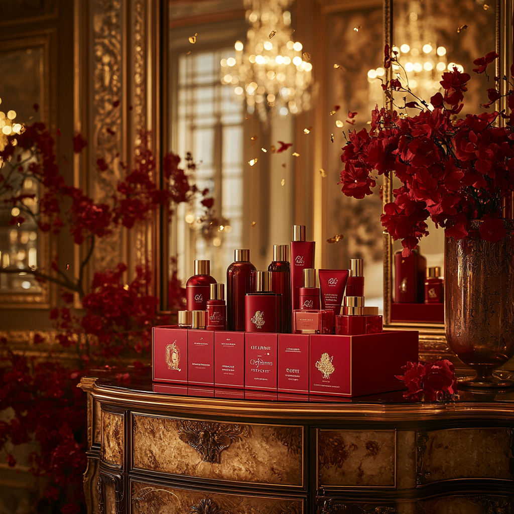 Festive Beauty Products in Ornate Gold Room