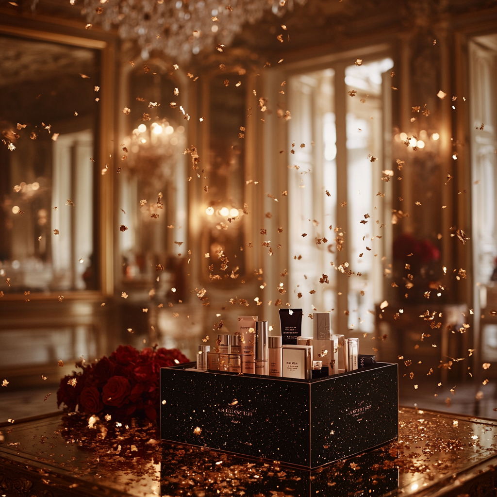 Festive Beauty Products in a Gold Room