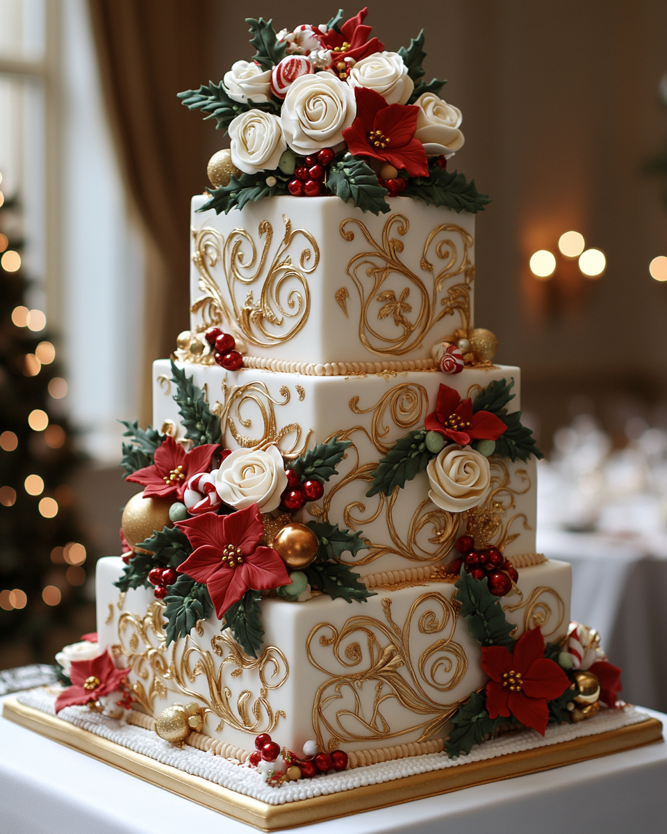 Festive Christmas wedding cake with gold accents