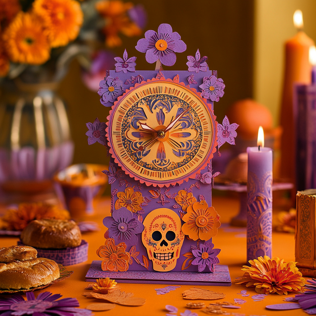 Festive Dia de los Muertos Decorated Clock Scene