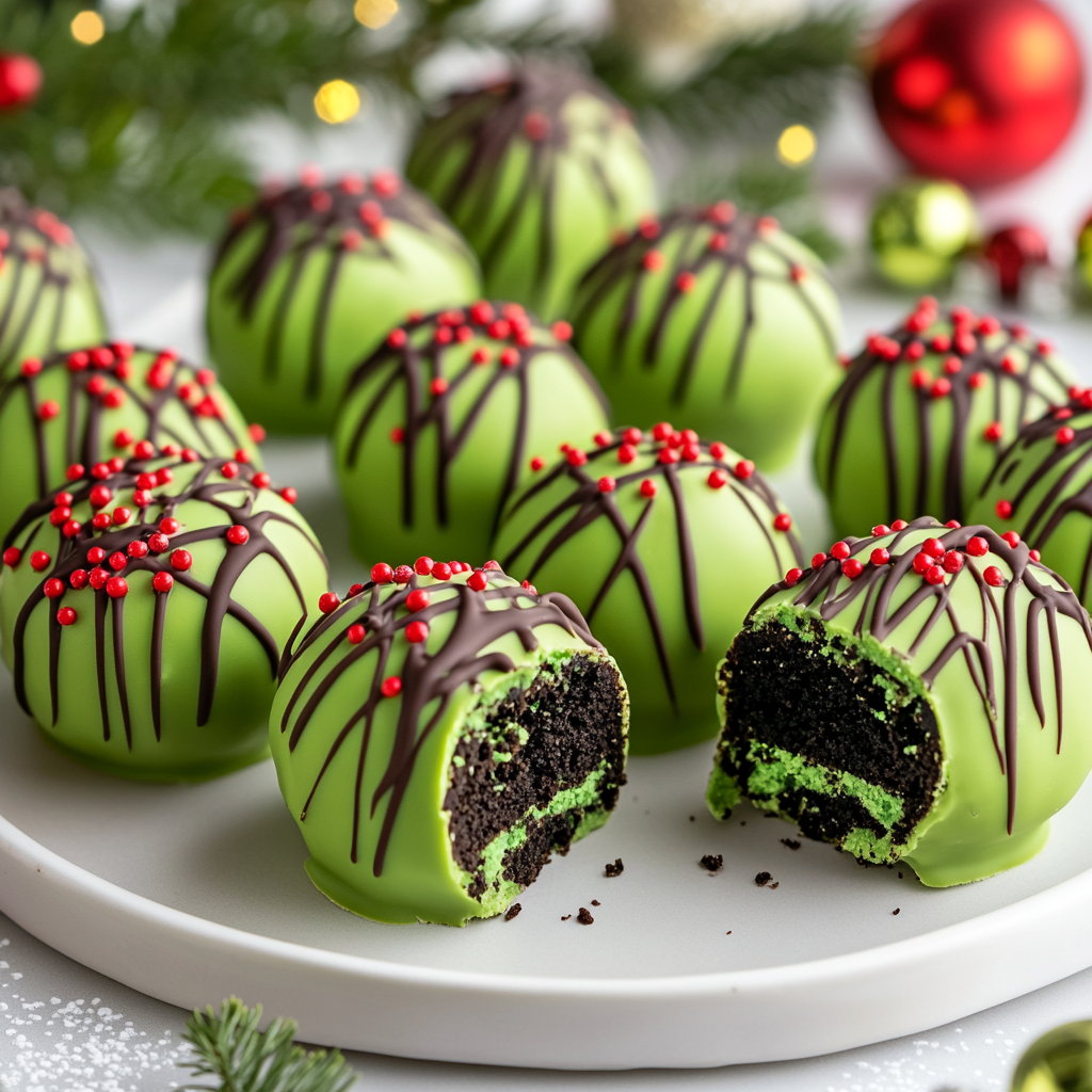 Festive Grinch-inspired Oreo truffle balls on display