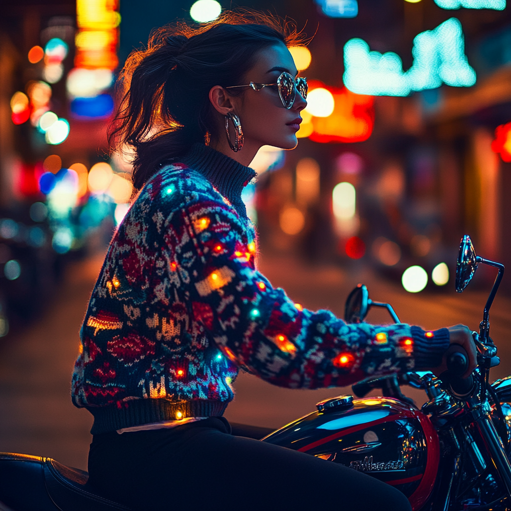 Festive Rider on Motorcycle in Urban Night