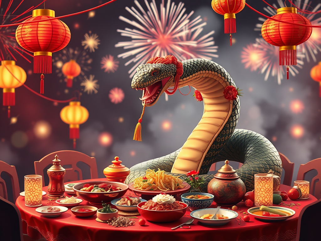 Festive Year of Snake celebration with colorful decorations.