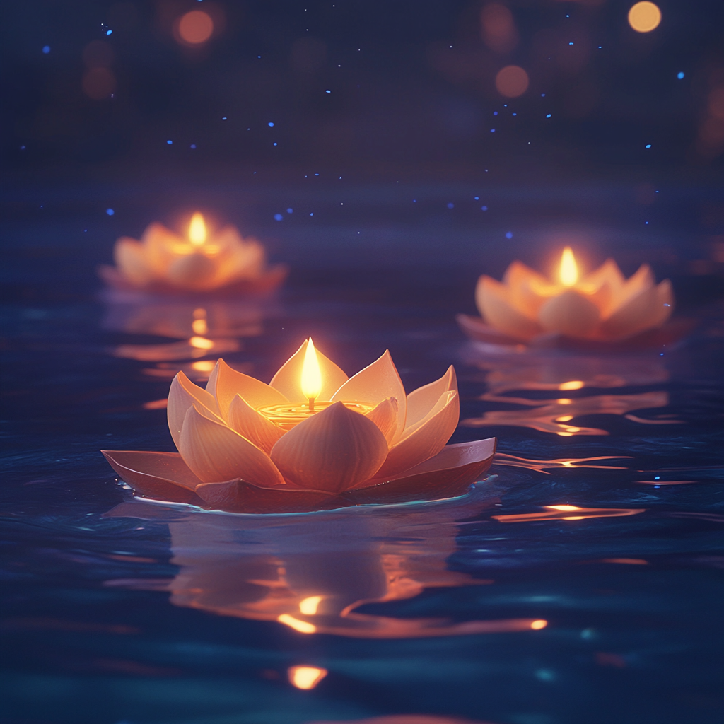 Festive banner with glowing lotus diyas on water