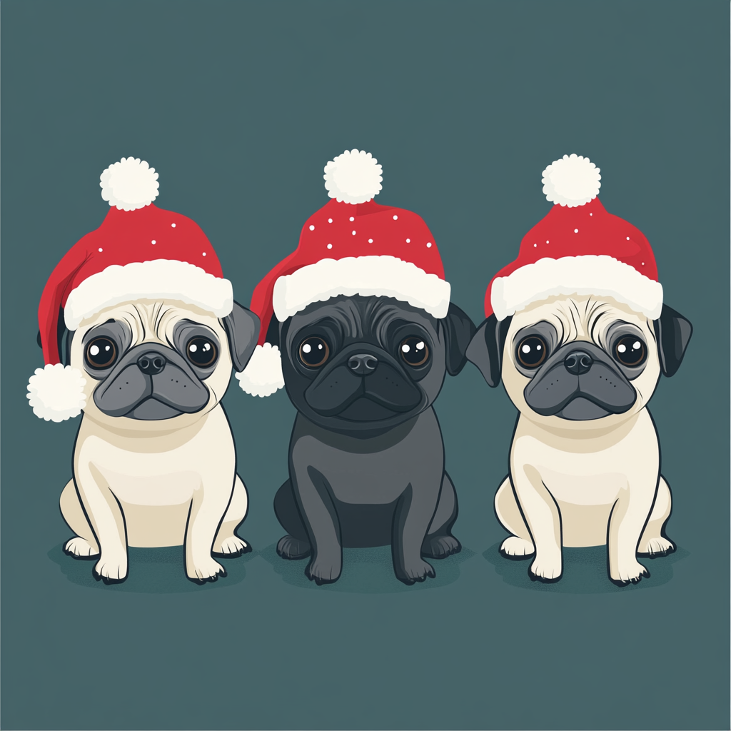 Festive cartoon pugs in Christmas attire.