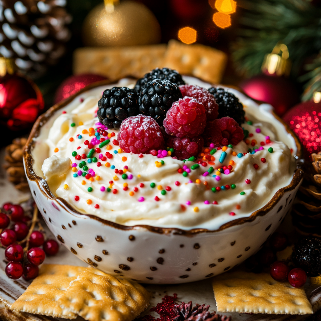 Festive holiday dessert with creamy dip and berries.