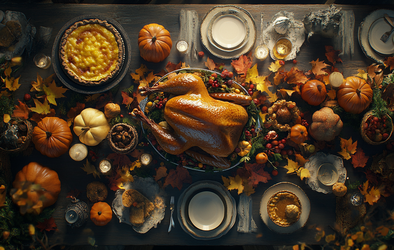 Festive holiday dinner table with traditional dishes.