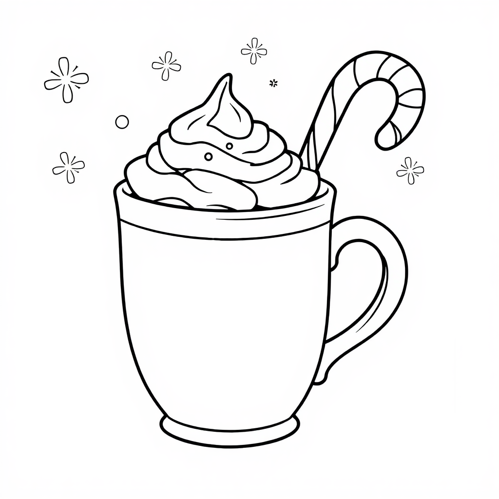 Festive hot cocoa mug with candy cane coloring page.