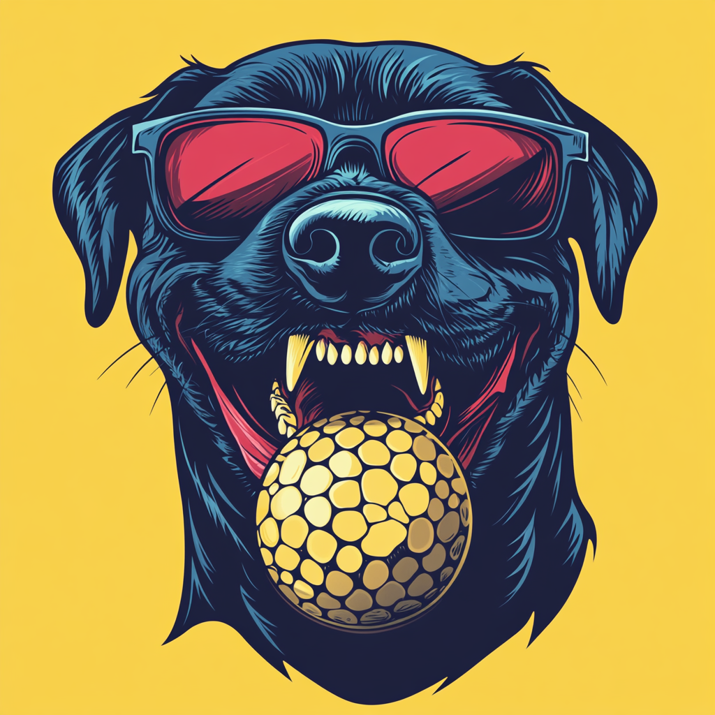 Fierce black Labrador Retriever biting golf ball, wearing sunglasses.