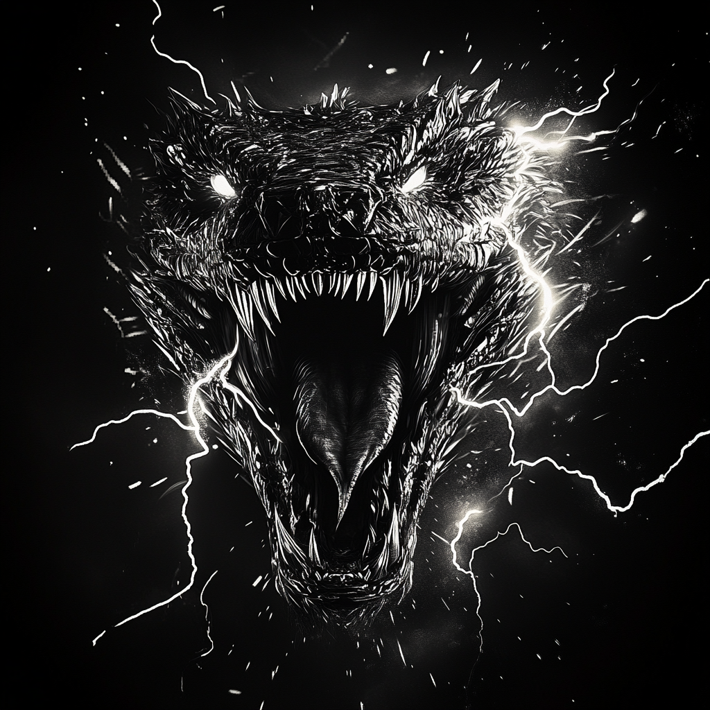 Fiery Dragon Emitting Lightning, Black and White