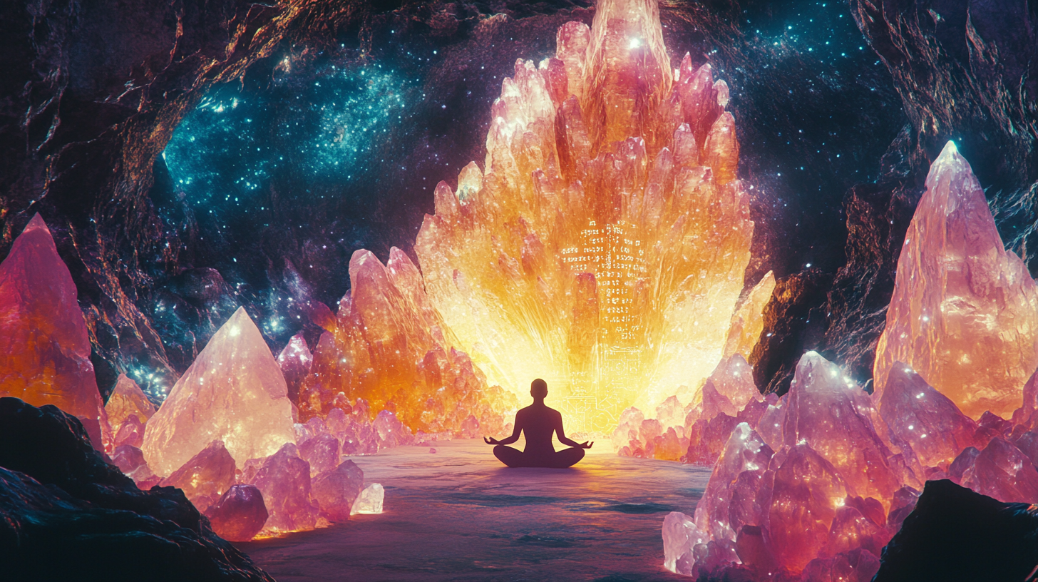 Figure Meditating in Sacred Crystal Cave