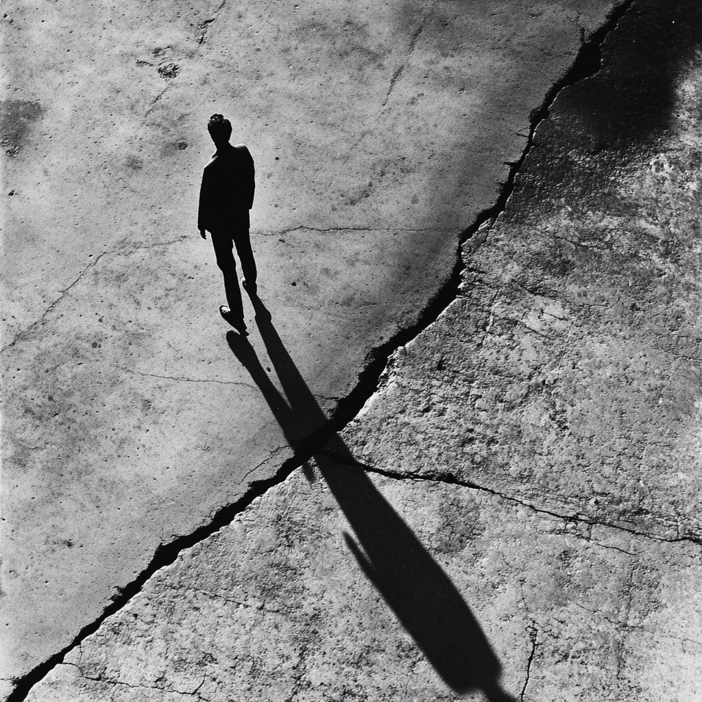 Figure Walking Towards Light and Shadow Along Path