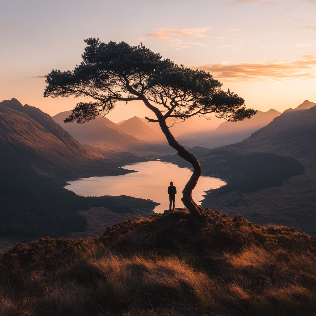 Figure admiring view of mountain and lake