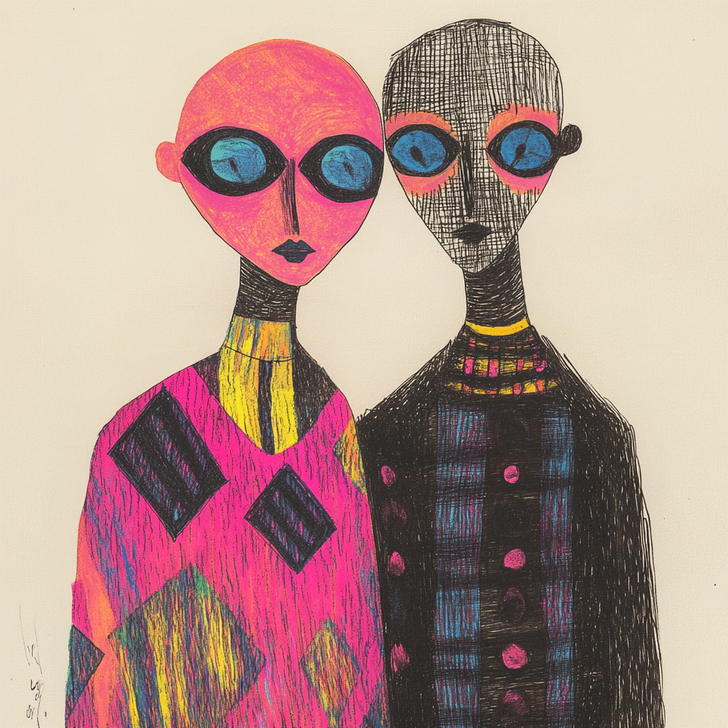 Figures in Neon Pink and Futuristic Attire