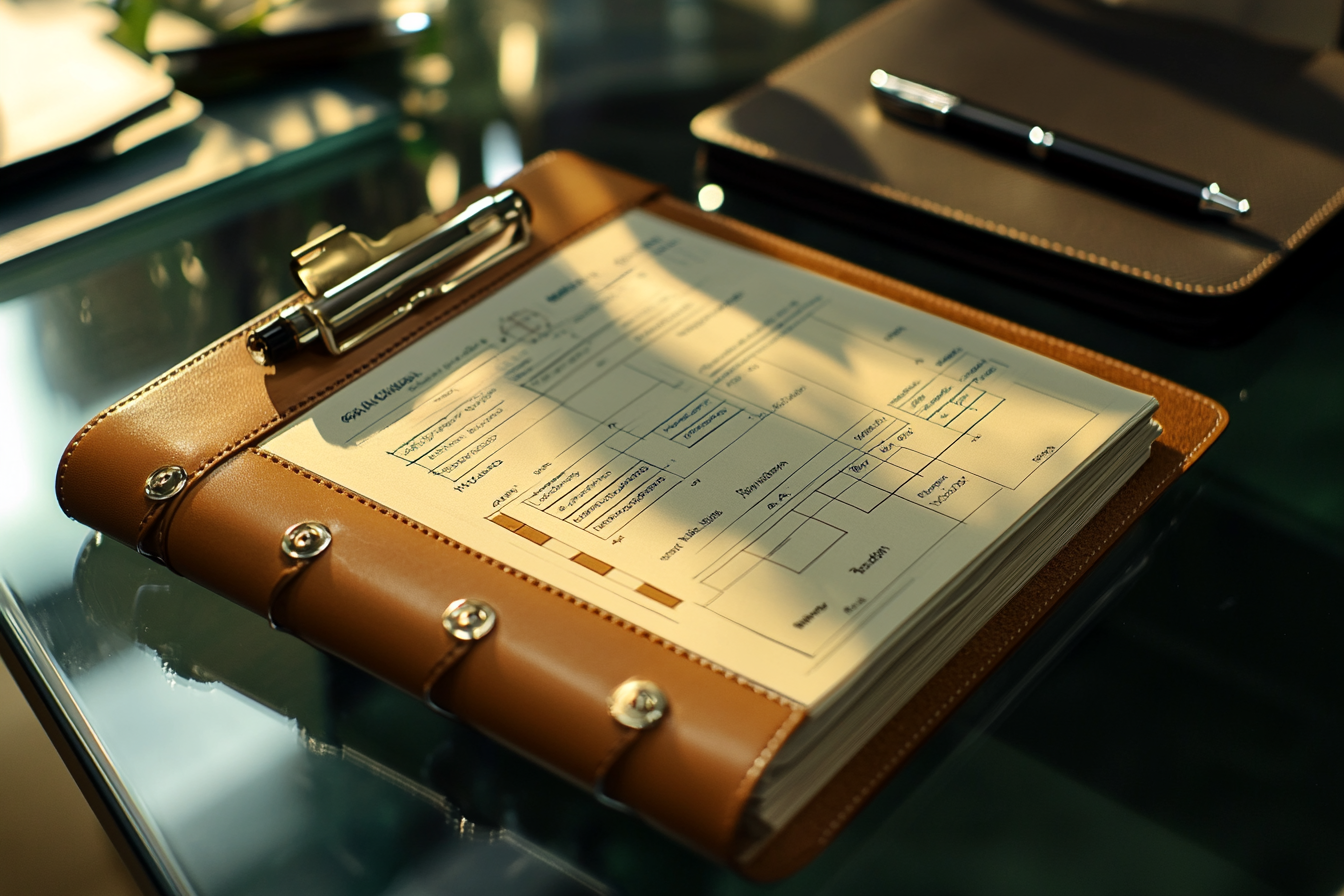 Financial Planning Notebook on Glass Desk with Pen