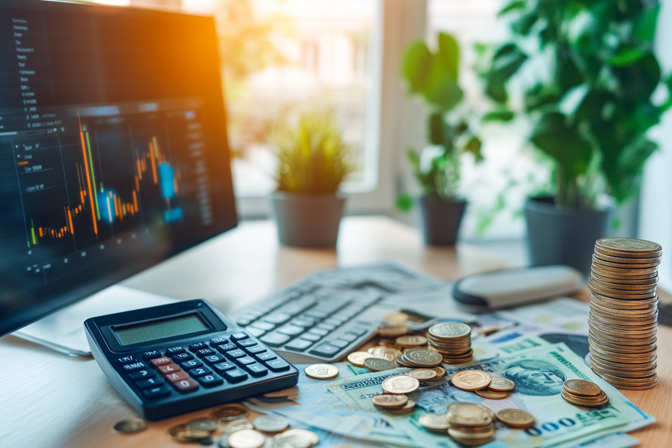 Desk with Money, Coins, Calculator