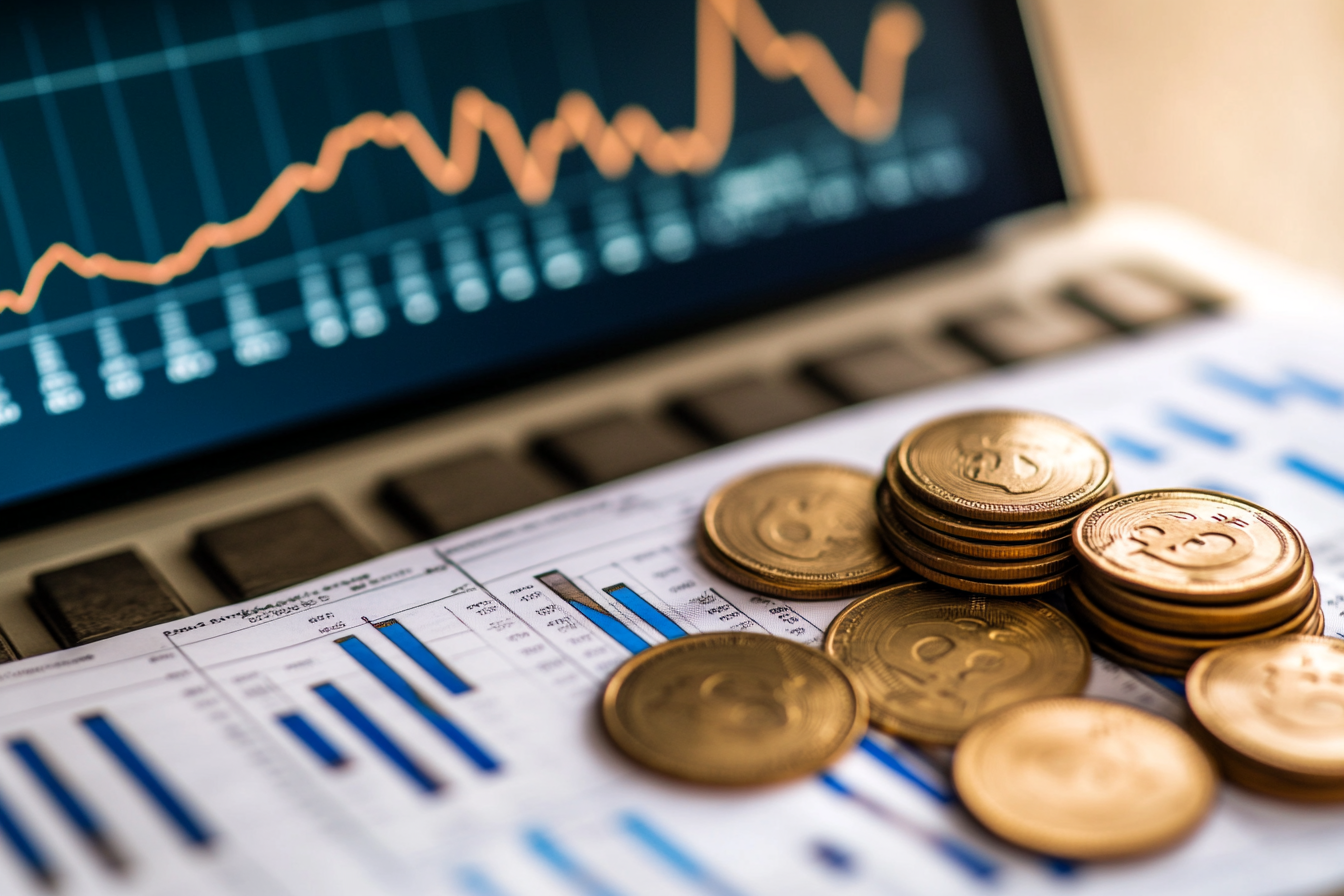 Financial graph on laptop screen with currency coins