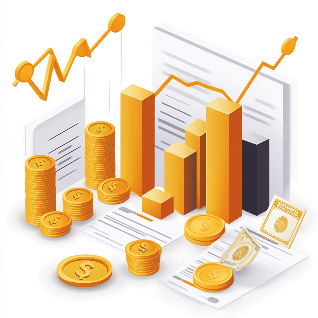 Financial illustration with increasing gains, floating money, ascending lines.