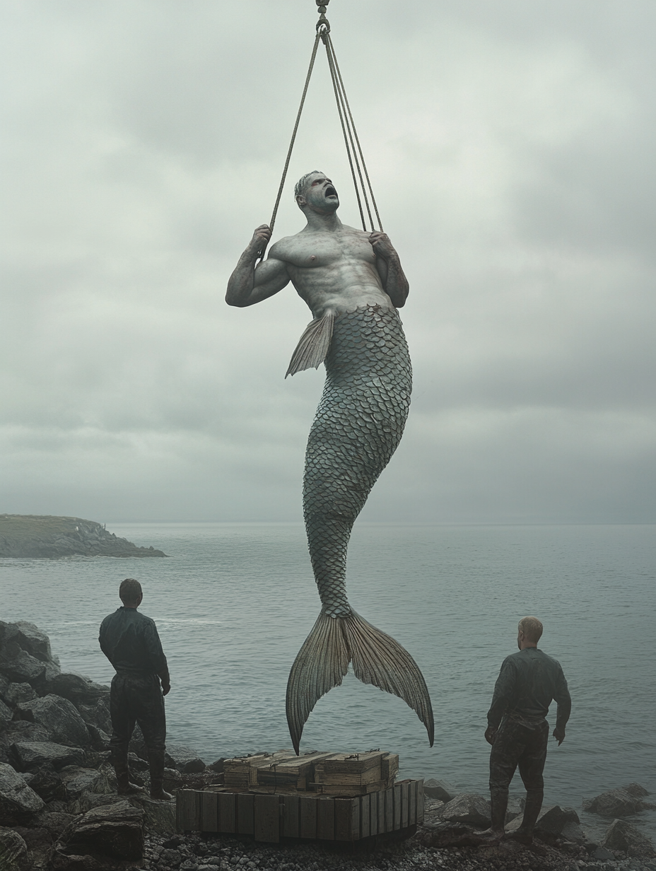 Fishermen Presenting Caught 12ft Mermaid on Sea