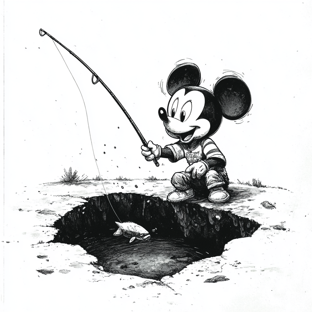 Fishing Boy in Big Hole, Disney Style Illustration