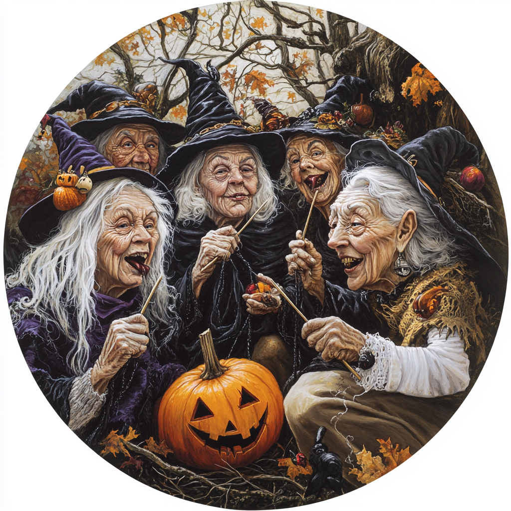 Five Halloween Witches Knitting a Black Scarf