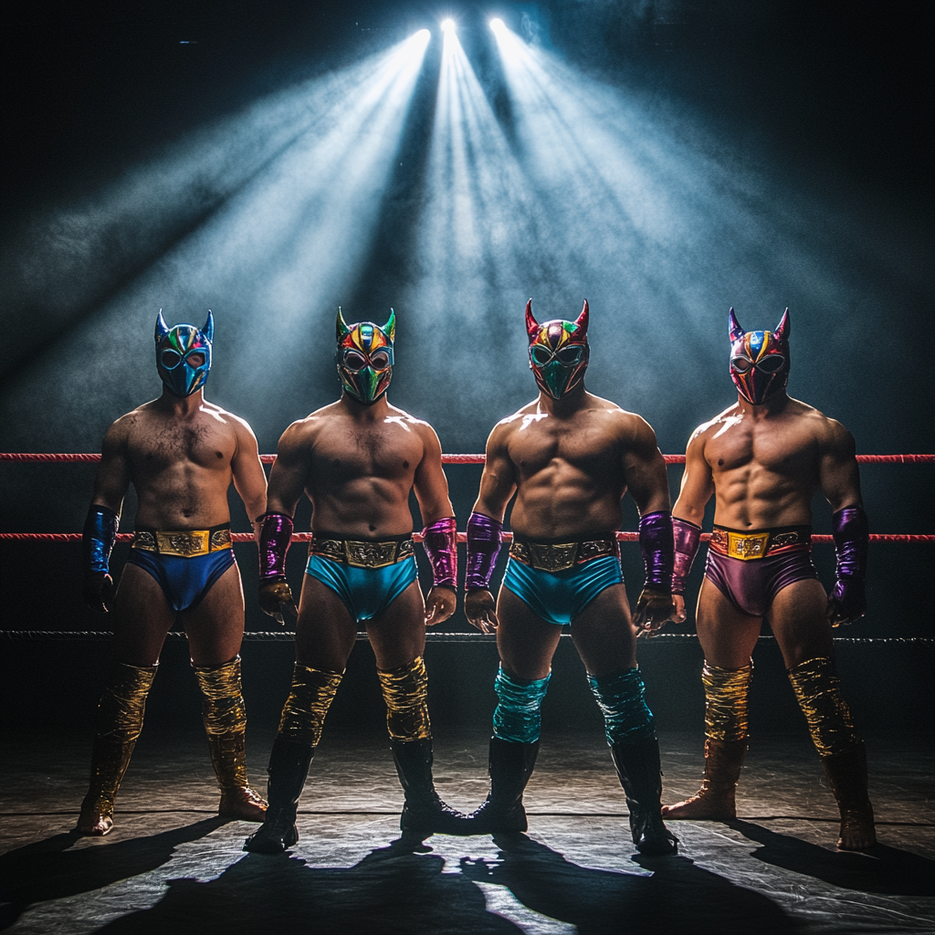 Five Luchadores Pose in Brightly Lit Ring