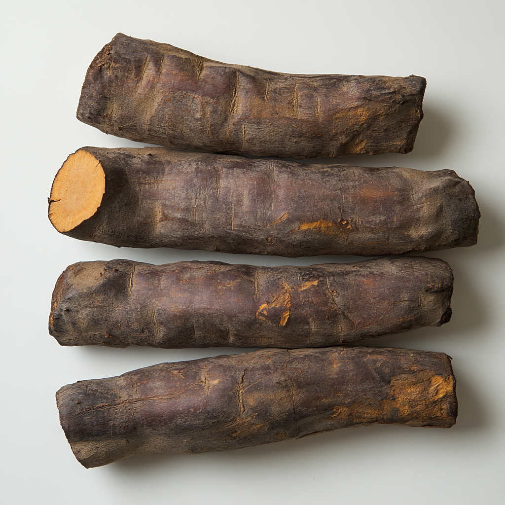 Five brown wild yams stacked on white surface.