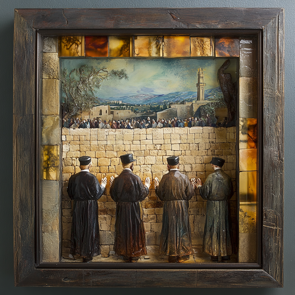 Five rabbis praying at Western Wall in shadowbox