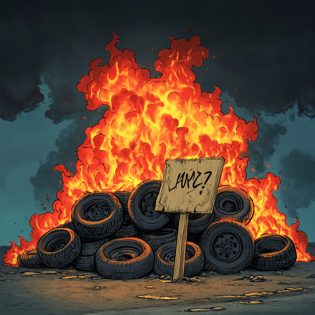 Flaming tires pile near old sign in cartoon