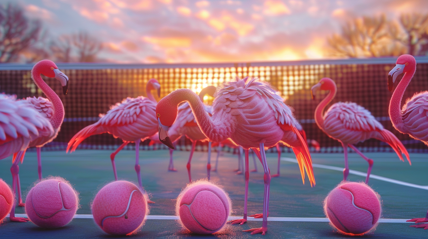 Flamingos on Tennis Court at Sunset