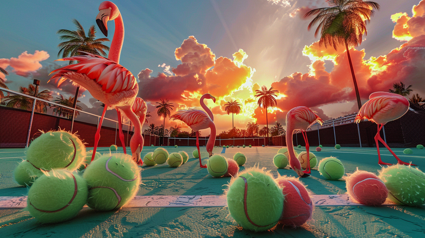 Flamingos on tennis court at Miami sunset