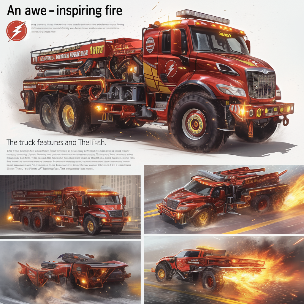 Flash-themed fire truck with lightning design, dynamic urban setting.