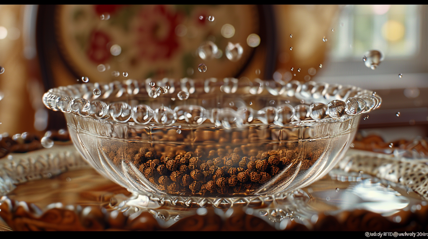 Floating Peppercorns in Sunlit Bowl: A Dreamy Artwork