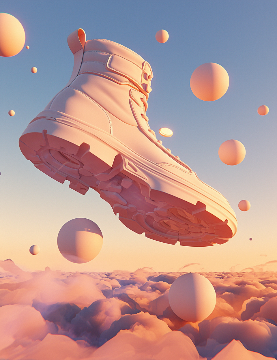 Floating autumn boots surrounded by spheres in soft light