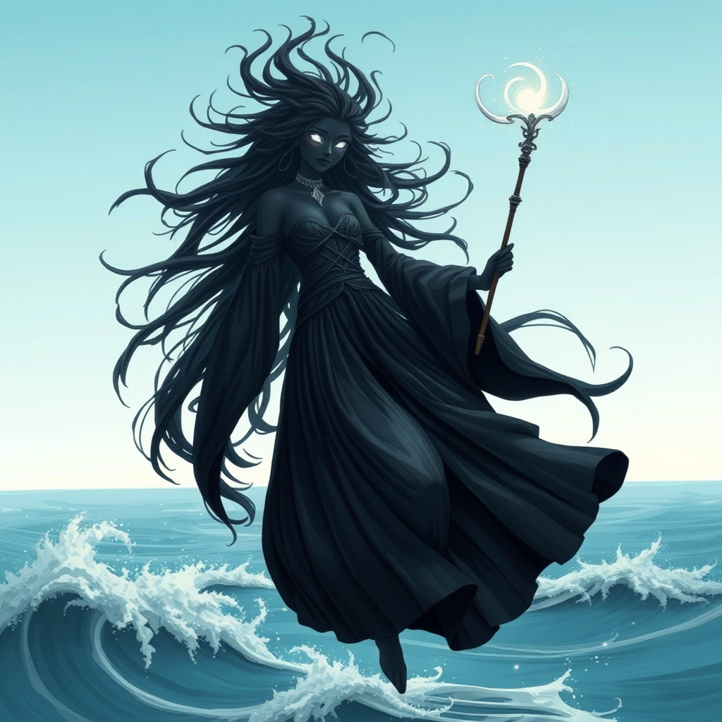 Floating black spirit with white eyes holding magic wand