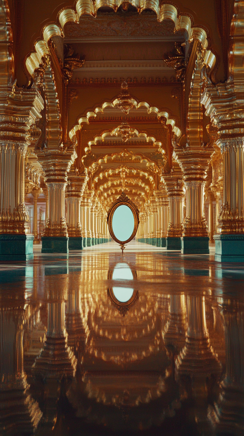 Floating mirror in golden palace at night in movie.