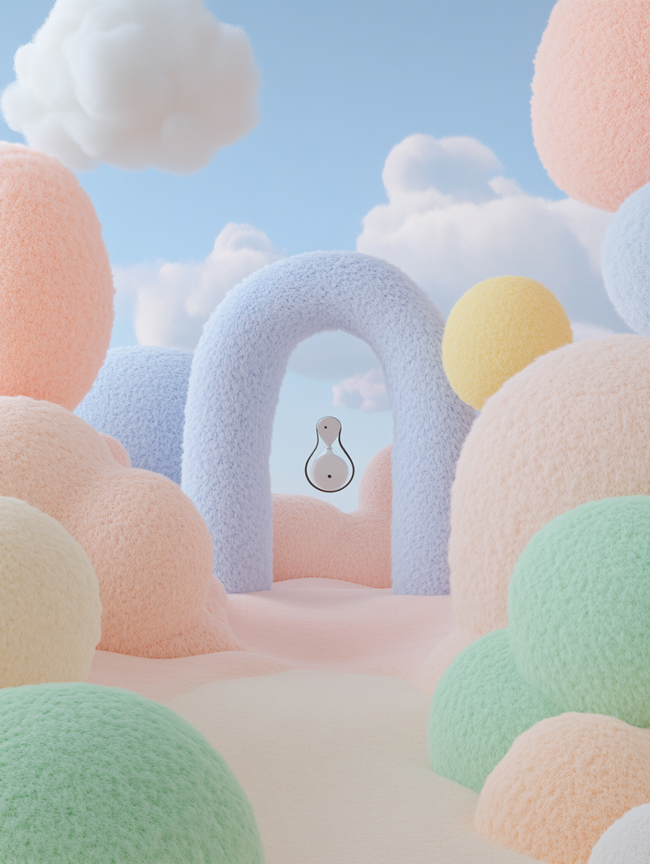 Floating office supplies in dreamlike cotton candy landscape