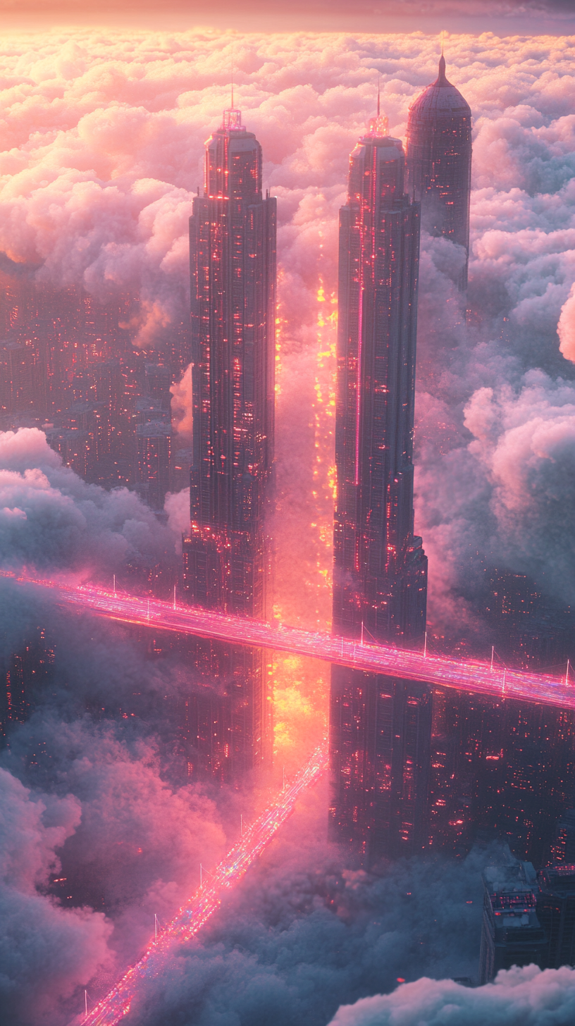 Floating towers in glowing clouds under dreamy light